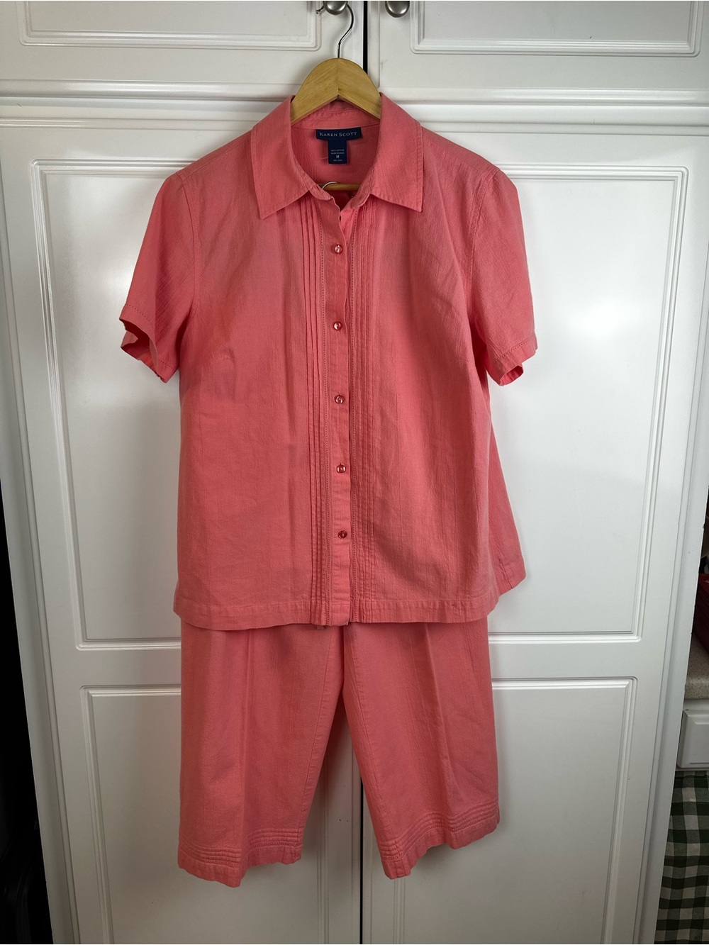 Karen Scott Coral Short-Sleeve Button Front Top & Capris Set 100% cotton